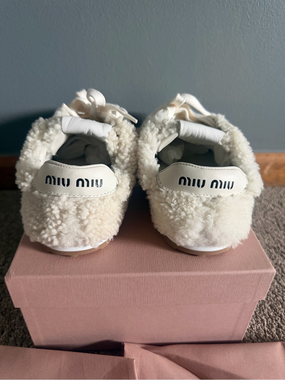 Miu Miu Cream Shearling Lace-Up Sneaker